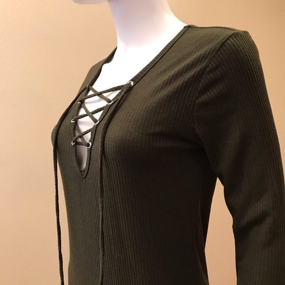 Forever 21 Olive Green Ribbed Mini Dress Lace Up Size Large - Picture 11 of 14